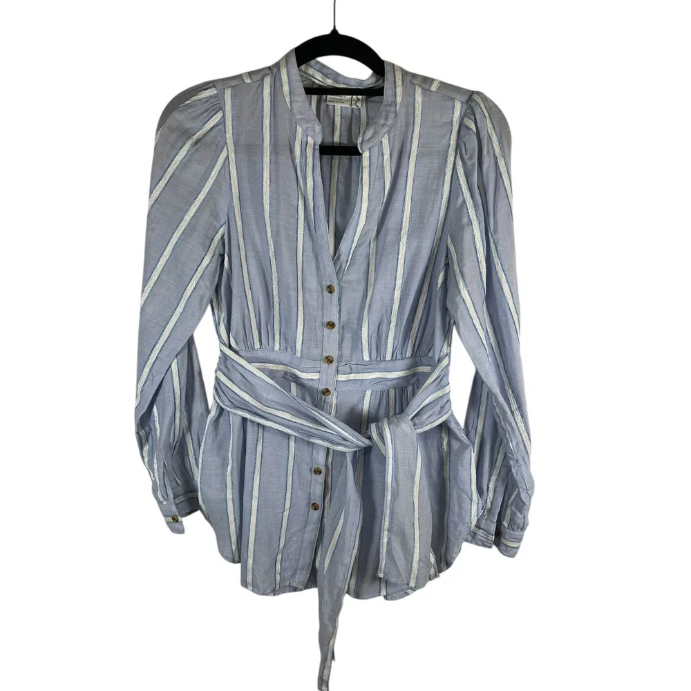 Anthropologie Building Blue White Striped Tie Waist Button Down Blouse‎ Top Sz 8